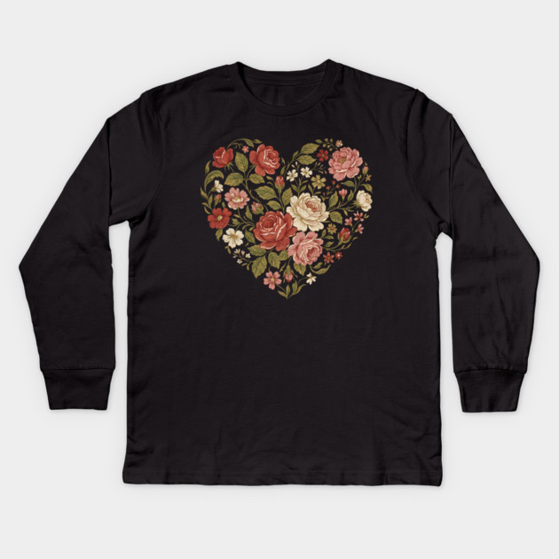 Floral Heart of Love Kids Long Sleeve T-Shirt by Creatifly Graphic Tees