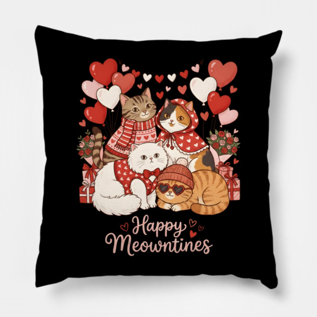 Happy Meowentines - Cat Love Celebration Pillow by Creatifly Graphic Tees