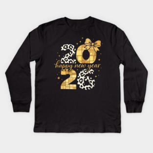 Happy New Year Cute Gold Disco Ball Bow New Year's Eve Girls Kids Long Sleeve T-Shirt