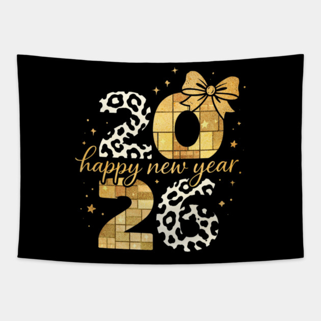 Happy New Year Cute Gold Disco Ball Bow New Year's Eve Girls Tapestry by shirtlux