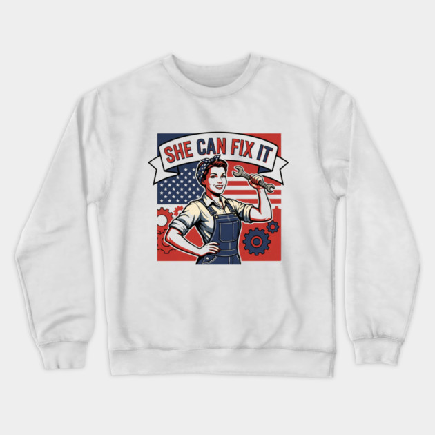 She Can Fix It | Built Strong, Thinks Smart, Gets It Done Crewneck Sweatshirt by Muhammad Naveed Khan