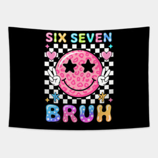 Six Seven Bruh Preppy Smiley Face Meme Tapestry