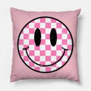 Retro Pink Checkerboard Smiley Face Pillow