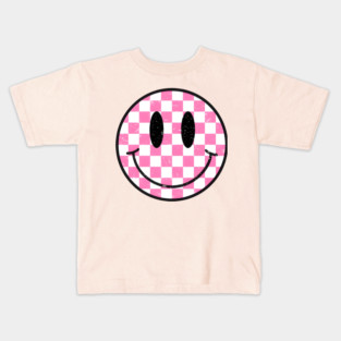 Retro Pink Checkerboard Smiley Face Kids T-Shirt