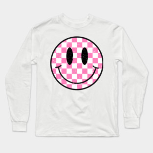 Retro Pink Checkerboard Smiley Face Long Sleeve T-Shirt