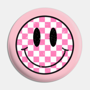 Retro Pink Checkerboard Smiley Face Pin
