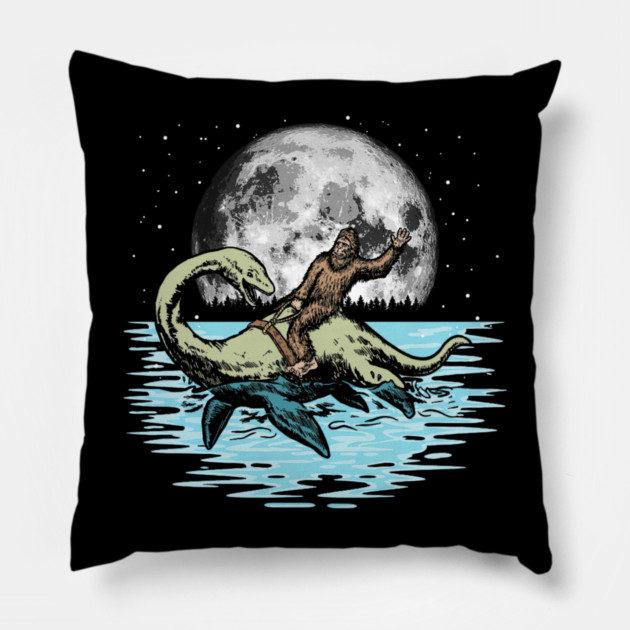 Funny Bigfoot Riding Nessie Loch Ness Monster & Full Moon Pillow by yangho