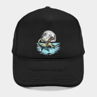 Funny Bigfoot Riding Nessie Loch Ness Monster & Full Moon Hat