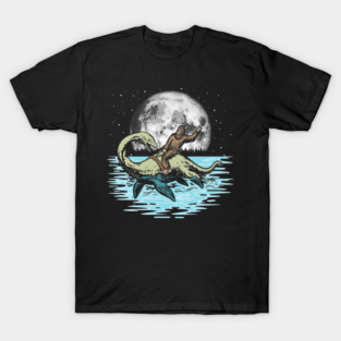 Funny Bigfoot Riding Nessie Loch Ness Monster & Full Moon T-Shirt