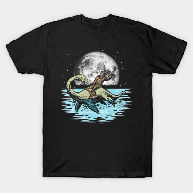 Funny Bigfoot Riding Nessie Loch Ness Monster & Full Moon T-Shirt by yangho