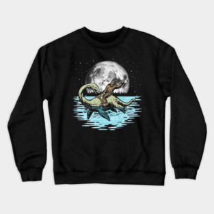 Funny Bigfoot Riding Nessie Loch Ness Monster & Full Moon Crewneck Sweatshirt