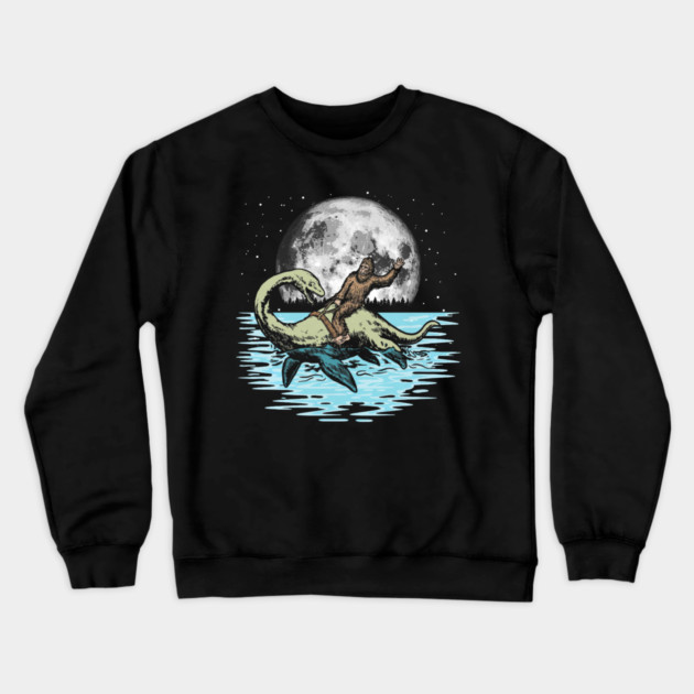 Funny Bigfoot Riding Nessie Loch Ness Monster & Full Moon Crewneck Sweatshirt by yangho