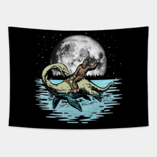 Funny Bigfoot Riding Nessie Loch Ness Monster & Full Moon Tapestry