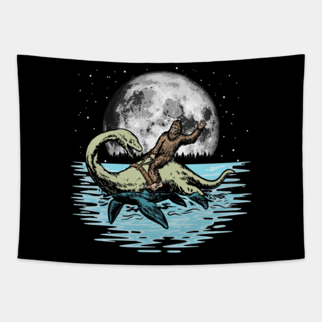 Funny Bigfoot Riding Nessie Loch Ness Monster & Full Moon Tapestry by yangho