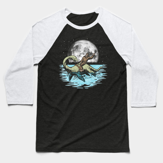 Funny Bigfoot Riding Nessie Loch Ness Monster & Full Moon Baseball T-Shirt by yangho