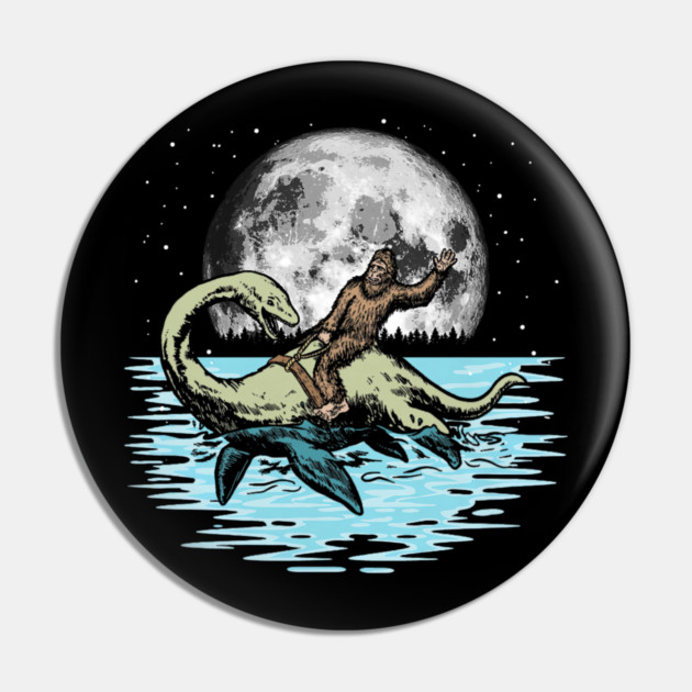 Funny Bigfoot Riding Nessie Loch Ness Monster & Full Moon Pin by yangho
