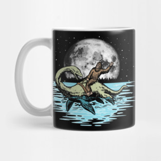 Funny Bigfoot Riding Nessie Loch Ness Monster & Full Moon Mug