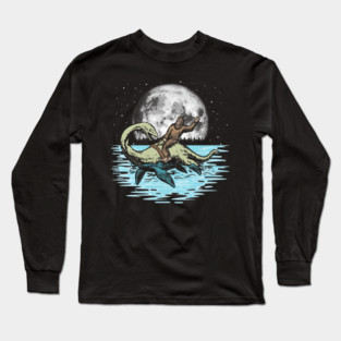 Funny Bigfoot Riding Nessie Loch Ness Monster & Full Moon Long Sleeve T-Shirt