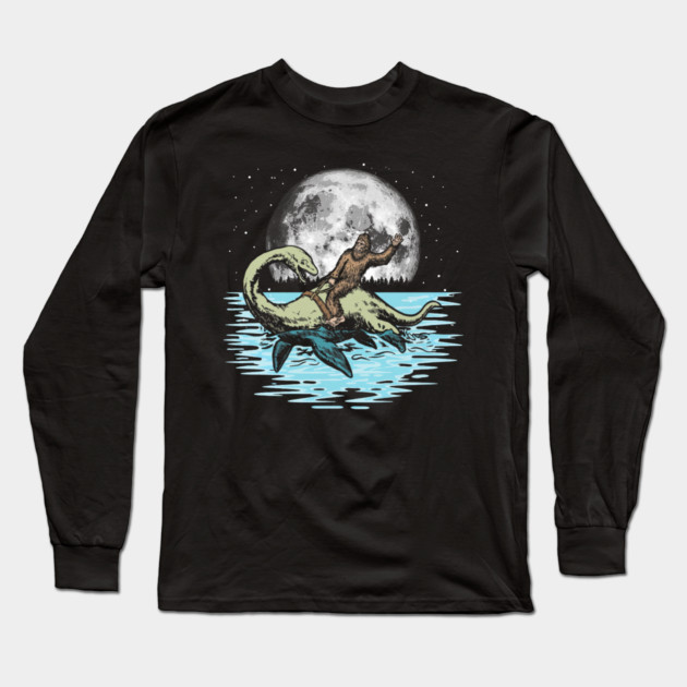 Funny Bigfoot Riding Nessie Loch Ness Monster & Full Moon Long Sleeve T-Shirt by yangho