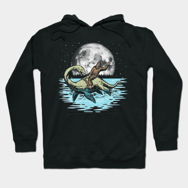 Funny Bigfoot Riding Nessie Loch Ness Monster & Full Moon Hoodie by yangho