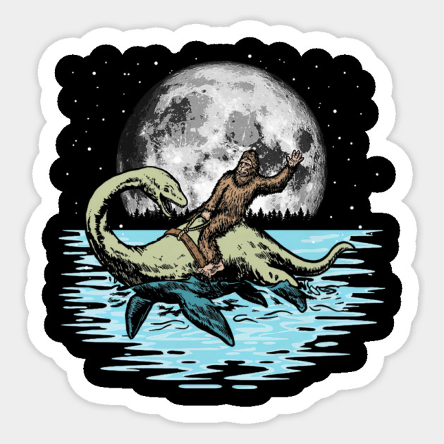 Funny Bigfoot Riding Nessie Loch Ness Monster & Full Moon Sticker by yangho
