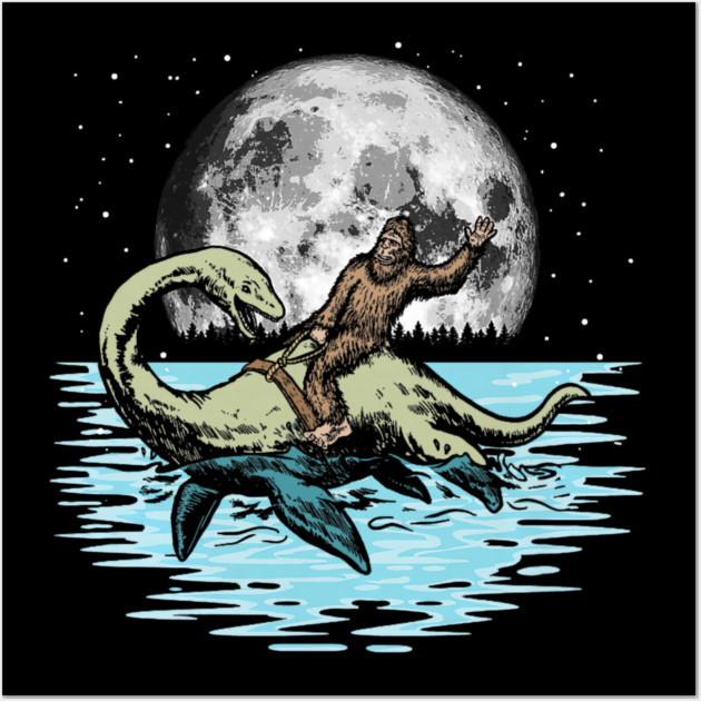Funny Bigfoot Riding Nessie Loch Ness Monster & Full Moon Wall Art by yangho