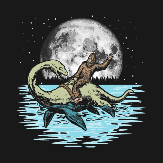 Funny Bigfoot Riding Nessie Loch Ness Monster & Full Moon by yangho