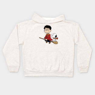 Charlie Brown and Snoopy Fly on a magic broom Kids Hoodie