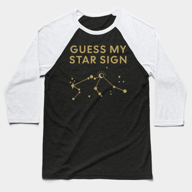 Guess My Star Sign – Aquarius Zodiac, Astrology Constellation - Antique Gold Print Baseball T-Shirt by Designed By Marty