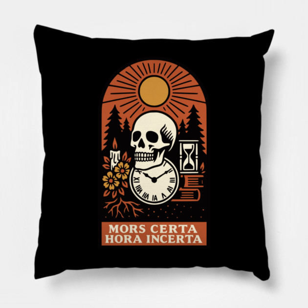 Memento Mori Sunrise – “Mors Certa, Hora Incerta” Skull Art Pillow by Designed By Marty
