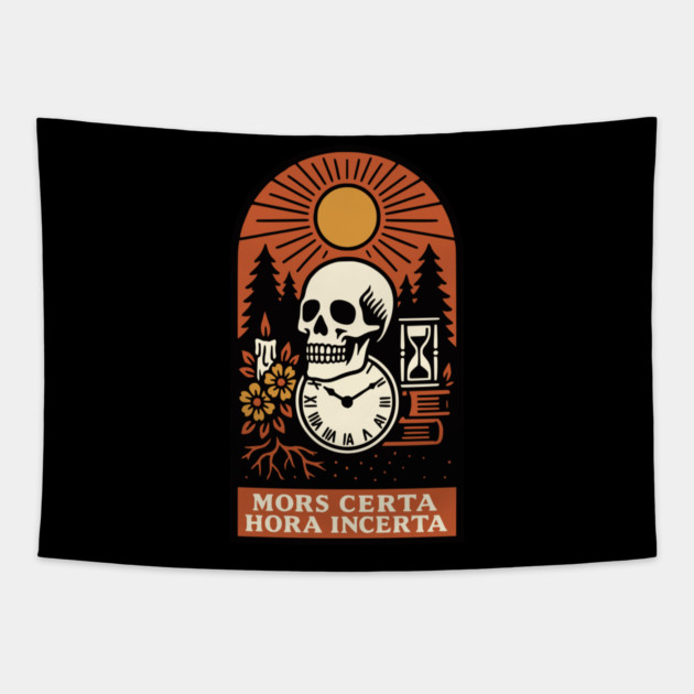 Memento Mori Sunrise – “Mors Certa, Hora Incerta” Skull Art Tapestry by Designed By Marty