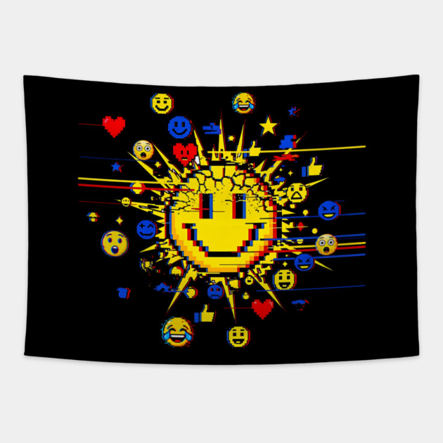 Glitched Emoji Explosion – Social Media Overload Sun Tapestry by Designed By Marty