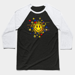 Glitched Emoji Explosion – Social Media Overload Sun Baseball T-Shirt