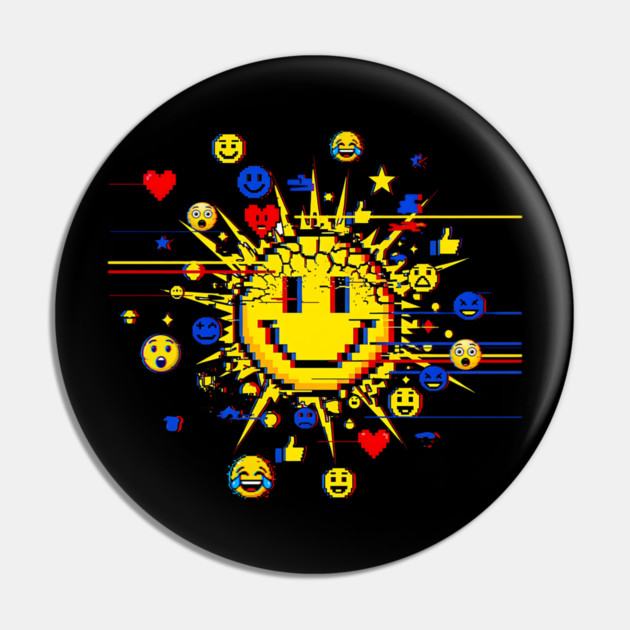 Glitched Emoji Explosion – Social Media Overload Sun Pin by Designed By Marty