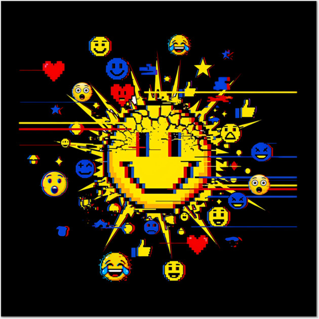 Glitched Emoji Explosion – Social Media Overload Sun Wall Art by Designed By Marty