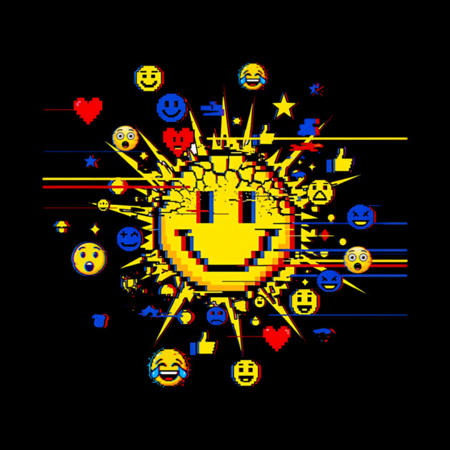 Glitched Emoji Explosion – Social Media Overload Sun by Designed By Marty