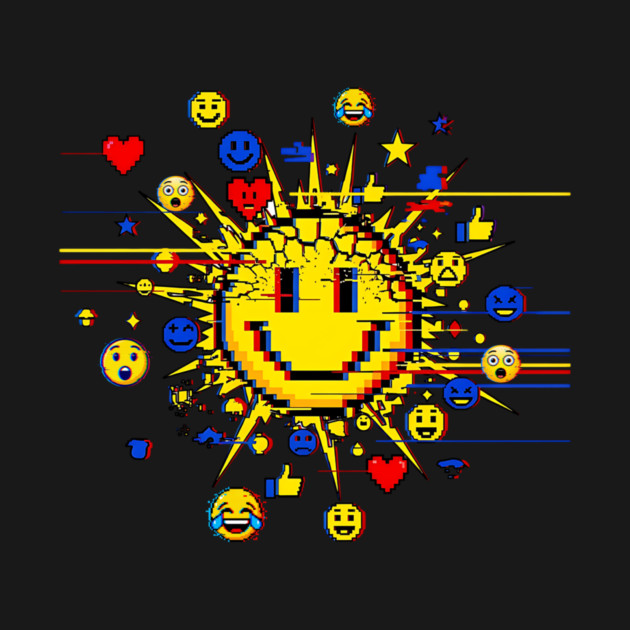 Glitched Emoji Explosion – Social Media Overload Sun by Designed By Marty