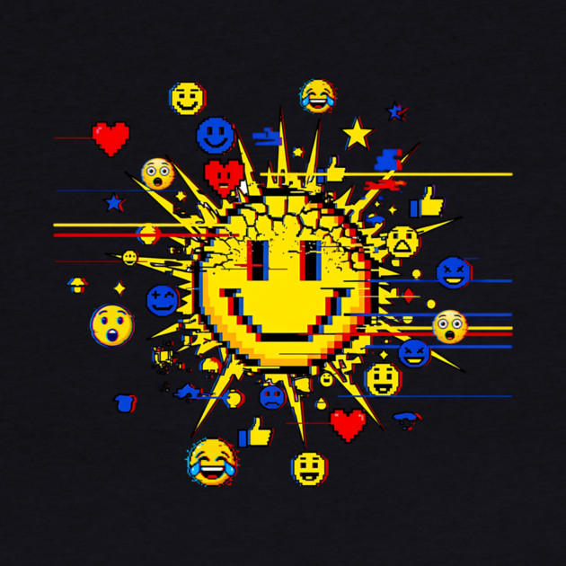 Glitched Emoji Explosion – Social Media Overload Sun by Designed By Marty