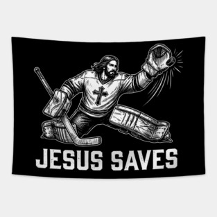 Jesus Saves Hockey Goalie Tapestry