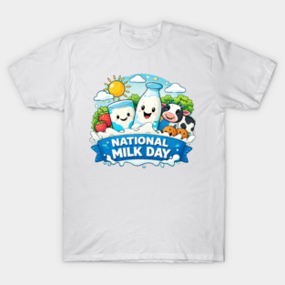 National Milk Day Happy Milk Bottle Splash Cartoon Design T-Shirt