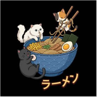 Kawaii Ramen Cats - Cute Kittens Eating Noodles Posters and Art