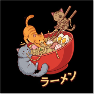 Kawaii Ramen Cats - Cute Kittens Eating Noodles Posters and Art
