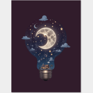 Night Sky Lightbulb: Moon & Stars Illustration Posters and Art