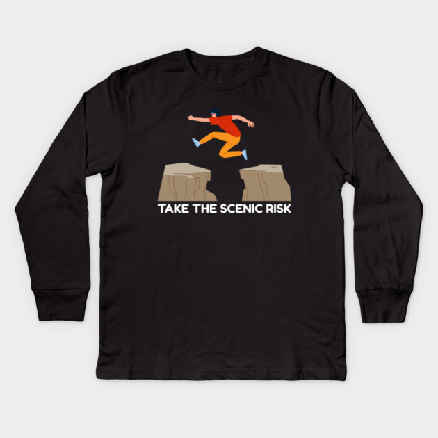 Take the Scenic Risk Adventure Leap Kids Long Sleeve T-Shirt by Creatifly Graphic Tees