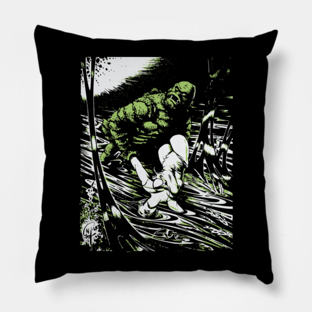 Creature from the Black Lagoon with Girl Comic Book Design Pillow by Joaddo