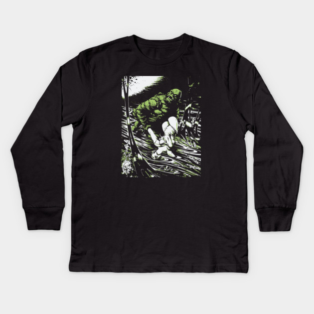 Creature from the Black Lagoon with Girl Comic Book Design Kids Long Sleeve T-Shirt by Joaddo