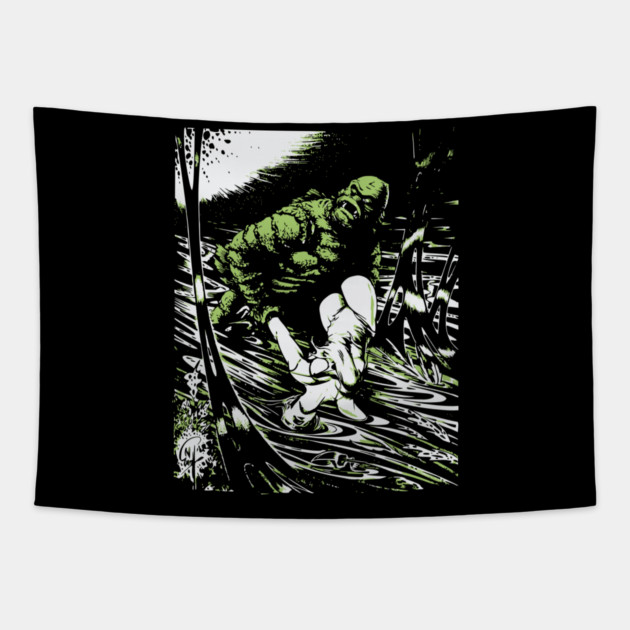 Creature from the Black Lagoon with Girl Comic Book Design Tapestry by Joaddo