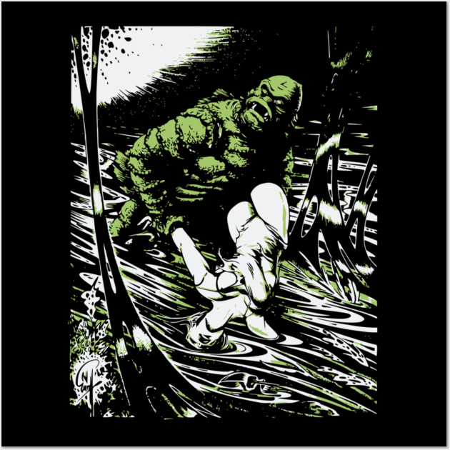 Creature from the Black Lagoon with Girl Comic Book Design Wall Art by Joaddo