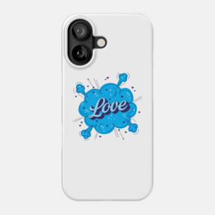 A vibrant blue cloud with the word Love written in cursive script surrounded by hearts and stars on a black background Phone Case