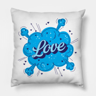 A vibrant blue cloud with the word Love written in cursive script surrounded by hearts and stars on a black background Pillow